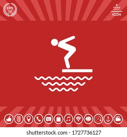 Nadador en un trampolín, saltando al agua - icono