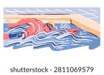 Swimmer performing freestyle in an indoor pool with cap and goggles. Training and fitness scene shows the swimmer moving through water, hand drawn vector illustration.
