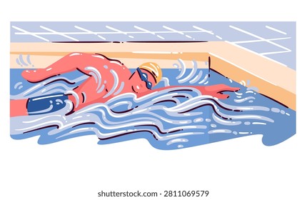 Swimmer performing freestyle in an indoor pool with cap and goggles. Training and fitness scene shows the swimmer moving through water, hand drawn vector illustration.