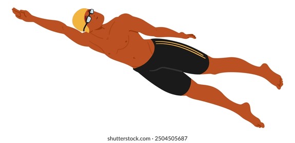 Swimmer Performing A Freestyle Stroke Underwater. Male Athlete Wears Swim Goggles And A Cap, Showcasing Athleticism, Fitness And Determination In Competitive Swimming. Cartoon Vector Illustration