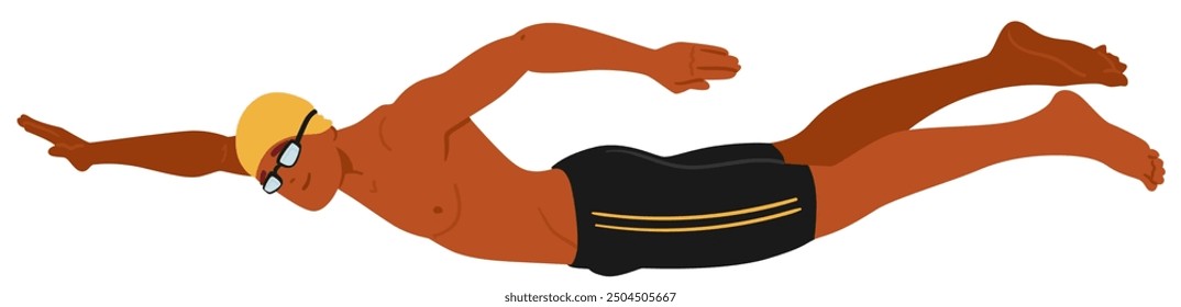 Nadador Que Realiza Un Golpe De Estilo Libre, Usando Gafas Y Una Gorra De Natación. El Atleta Se Muestra En Movimiento Medio Con Los Brazos Y Las Piernas Extendidas. Ilustración vectorial De Dibujos Animados De Natación, Fitness Y Deportes