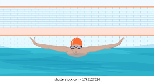 Schwimmer im Schwimmbad - Schmetterlingstil - Vektorgrafik. Wassersport. Inneneinrichtung