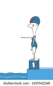 swimmer in the pool on the table with the number one in the competition in blue and red element on the cap. Vector illustration.