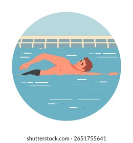 Swimmer in pool practicing freestyle stroke with focus on technique in circular background  vector
