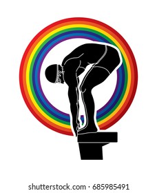 Swimmer prepare to jumping designed on line rainbows graphic vector.