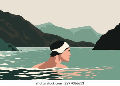 Swimmer at river, Modern, Clean, Simple and Minimal, Streamlined Tech Illustration