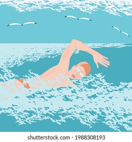 Schwimmer, Meereswellen, Seegras - Vektorgrafik. Wassersport. Freizeit. Seascape.