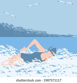 Swimmer. Seascape in grunge style - vector. Active sports.