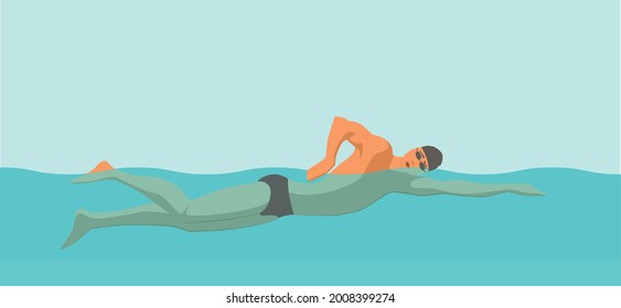 Swimmer side view. man crawl in the swimming pool. Sports competition. View from above. Vector flat design illustration.