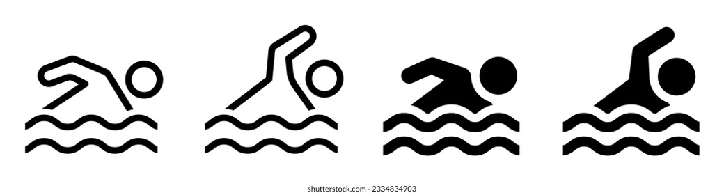 Juego de iconos de signos de nadador. Nadando en el agua con la colección de símbolos de las olas. Línea de icono de natación y estilo plano - vector de stock.