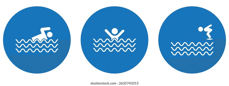 Conjunto de ícones de sinal de nadador. Nadando na água com coleção de símbolos de ondas. Linha de ícone de natação e estilo plano - stock vetor.