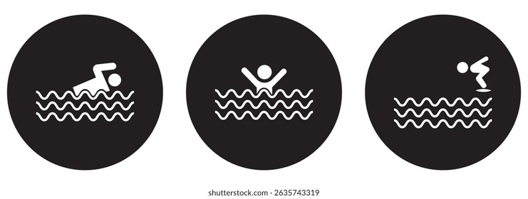 Conjunto de ícones de sinal de nadador. Nadando na água com coleção de símbolos de ondas. Linha de ícone de natação e estilo plano - stock vetor.