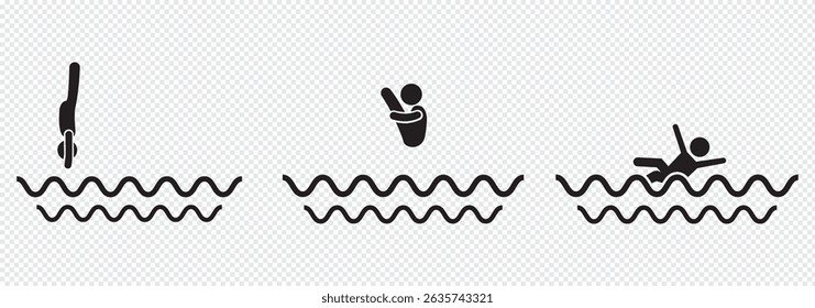 Conjunto de ícones de sinal de nadador. Nadando na água com coleção de símbolos de ondas. Linha de ícone de natação e estilo plano - stock vetor.