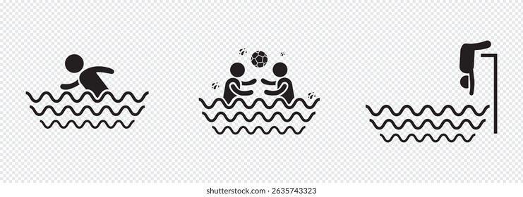 Conjunto de ícones de sinal de nadador. Nadando na água com coleção de símbolos de ondas. Linha de ícone de natação e estilo plano - stock vetor.