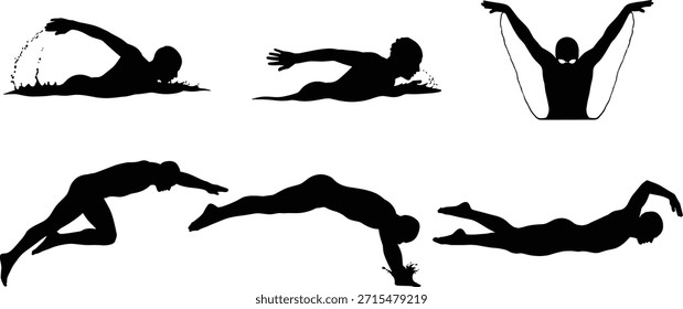 Nadador, silueta, buceo, freestyle, mariposa, braza, bajo el agua, movimiento, salpicadura, negro, blanco, atleta, deporte, acción, técnica, dinámico, mínimo, agua, pose, competitivo