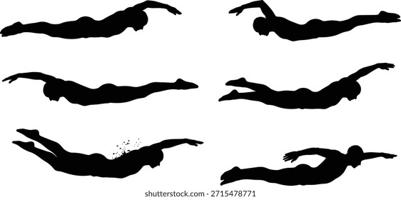 Silueta de nadador, movimiento de buceo, efecto de salpicadura, pose aerodinámica, icono del atleta, deporte acuático, movimiento dinámico, técnica de natación, acción de la piscina, forma del cuerpo