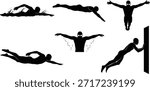 Swimmer silhouette icon set, black swim poses, vector swimming graphics, freestyle and butterfly stroke illustrations, dynamic water sport design pack