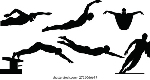 Conjunto de secuencia de silueta de nadador, íconos de natación negros, gráficos dinámicos de trazo y buceo, ilustraciones de atletas de Vector, paquete de diseño deportivo mínimo