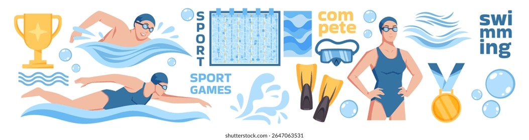Swimmer sport competition. Abstract swim training. Summer pool. Athletic motion. Water action. Event swimwear. Tournament win award. Goggles and fins. Championship background. Vector garish design
