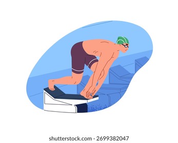 Swimmer stands on starting block to jump into swimming pool. Sportsman is ready for diving into water. Athlete in cap, goggles does aquatic sport. Flat isolated vector illustration on white background