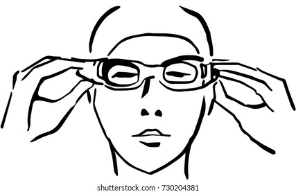 Swimmer in a swim cap straightens his underwater glasses with both hands. Black and white headshot vector sketch. Simple drawing isolated at white background.