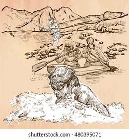 SWIMMER. Swimming in cold water. In the background canoe and fisherman - Slightly humorous image - Freehand sketching, line drawing. An hand drawn vector illustration. Line art technique.