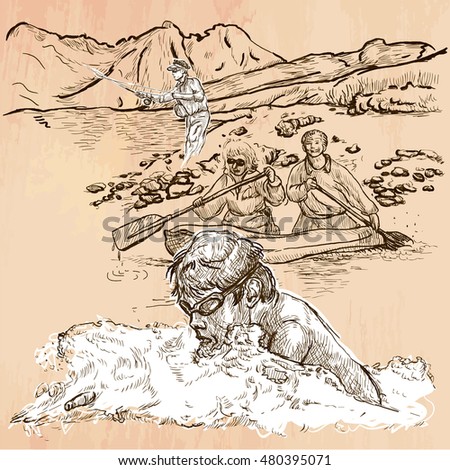 SWIMMER. Swimming in cold water. In the background canoe and fisherman - Slightly humorous image - Freehand sketching, line drawing. An hand drawn vector illustration. Line art technique.