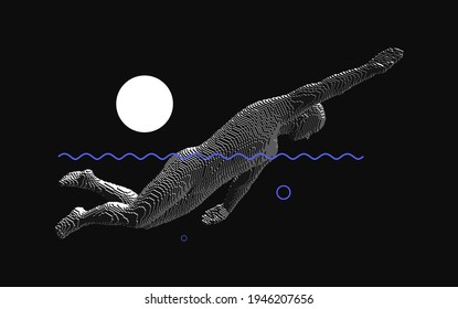 Swimmer swimming crawl freestyle in sea wave. Man triathlete doing watersport workout. Sport symbol. Voxel art. 3D vector illustration for poster, banner or cover design. 