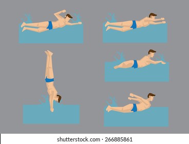 Swimmer swimming freestyle in water, front crawl, breaststroke, butterfly stroke, and diving. Vector illustration of male characters isolated on grey background.