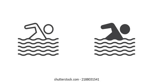 Swimmer in swimming pool icon. line and glyph version, outline and filled vector sign. linear and full pictogram. Symbol, logo illustration. Different style icons set