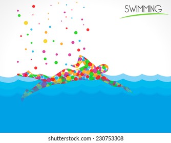 swimmer swimming in swimming pool on beautiful natural water background, flat color circle style graphic - vector eps10