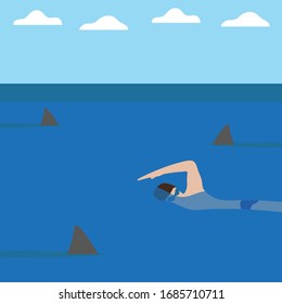 A swimmer is swimming in the water, and sharks are swimming around him