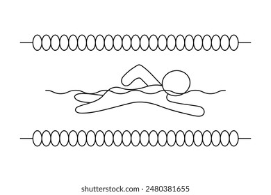 Un nadador nada y se arrastra. Los senderos de la piscina están separados por rompeolas. Boceto. Icono de Vector. Un hombre practica deportes en el agua. Fondo blanco aislado. Libro para colorear. Estilo Doodle. 