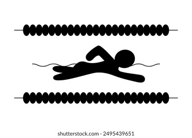 Un nadador nada y se arrastra. Los senderos de la piscina están separados por rompeolas. Silueta. Ilustración vectorial. Un hombre practica deportes en el agua. Fondo blanco aislado.