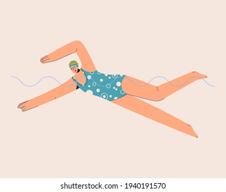 Swimmer swims in pool. Sportswoman is engaged in swimming. Woman in swimsuit. Fitness, competitive, active hobby, professional sport concept. Vector character illustration isolated on white background