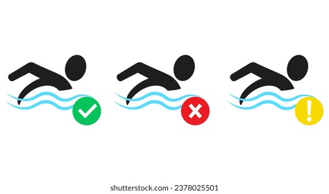 Símbolo de nadador con marca de verificación, cruz y signo de exclamación. Iconos de natación. Símbolo de baño entre las olas. Vector de fondo blanco