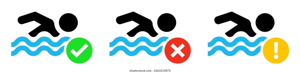 Símbolo de nadador con marca de verificación, icono de cruz y punto de exclamación.Juego de iconos de natación.
Símbolo de natación entre las olas.Vector