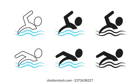 Símbolo de nadador. Conjunto de iconos de natación. Símbolo de baño entre las olas. Vector de fondo blanco