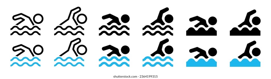 Símbolo de nadador .Juego de iconos de natación.
Símbolo de natación entre las olas.Vector