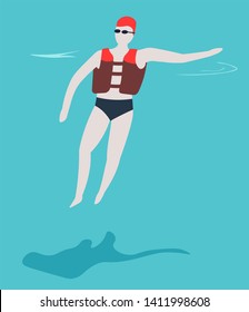 Swimmer in trunks and inflatable vest in swimming pool summer outdoor activity vector recreation and sport leisure activity guy in diving goggles and rubber hat hotel resort or aqua park and safety