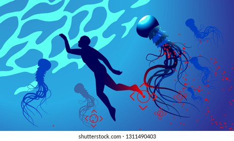 Swimmer underwater in dangerous situation wich huge poison jellyfish, which releases spores