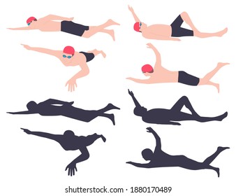 Swimmer vector cartoon set isolated on a white background.