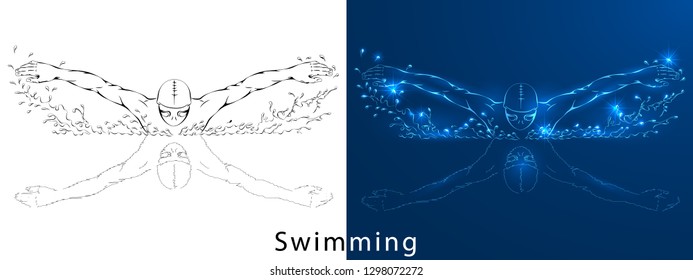 the swimmer a vector illustration with the black and light lines isolated on a white and dark-blue background