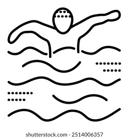 Nadador en el agua, icono de línea negra, símbolo de natación. Ilustración monocromática de Vector, trazo editable