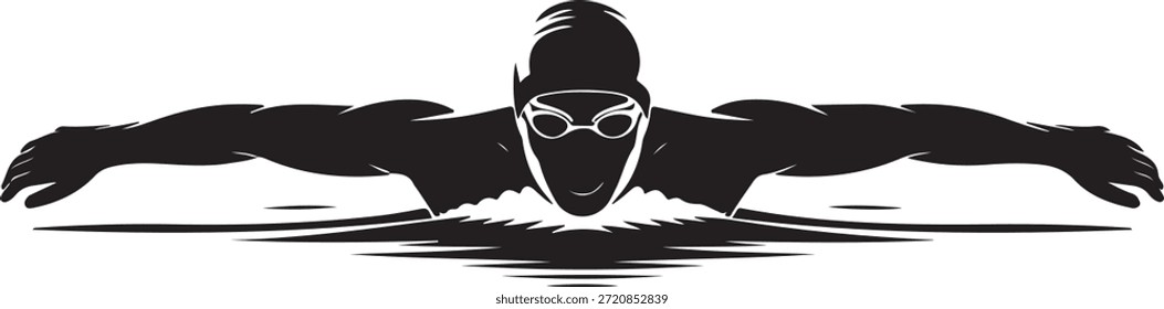 El nadador que lleva gafas y una gorra realiza el golpe de mariposa en una ilustración dinámica en blanco y negro que muestra el movimiento atlético y el movimiento fluido en el agua.
