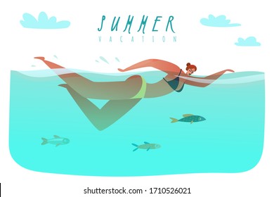 Swimmer woman in the sea among the fish. Summer, beach holidays. Cartoon style. Vector illustration