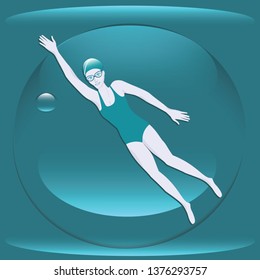 Swimmer woman in a swimsuit, glasses, cap, abstract water - illustration, vector. Sports lifestyle. Pool. Character for water sports.