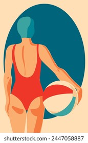 Mujer nadadora para deportes acuáticos, Ilustración vectorial en paleta retro