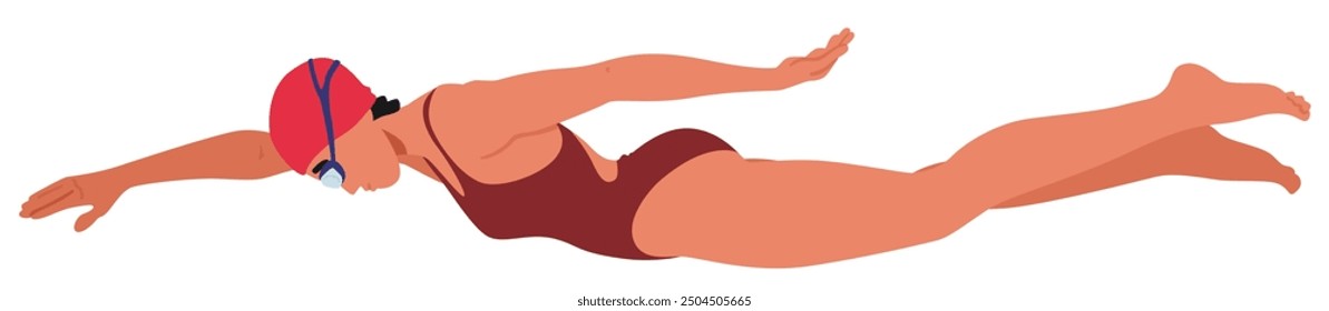 Swimmer Woman Wearing A Cap And Goggles, Performing The Butterfly Stroke, Depicted In Mid-motion, Showcasing Strength, Athleticism And Focus. Concepts Of Professional Swimming, Sports And Fitness