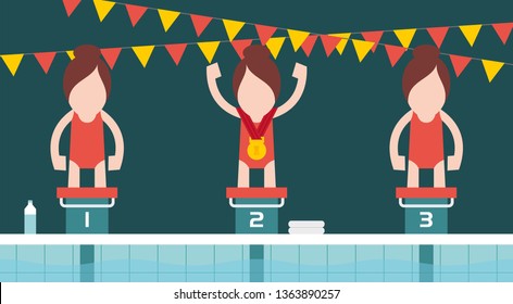Swimmer women on starting line sporting swim. Isolated on white background.